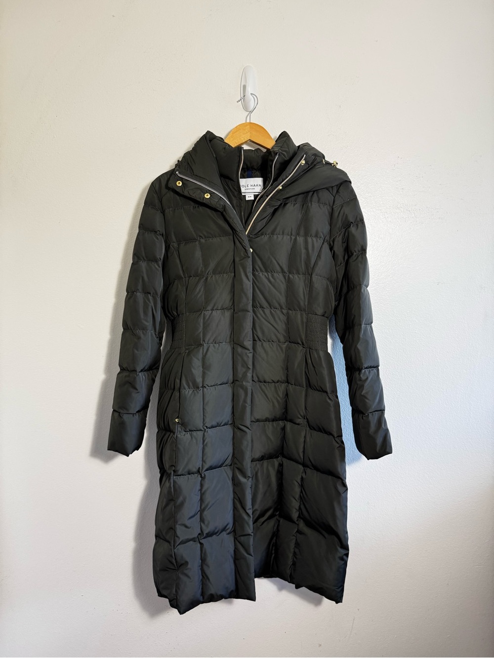 Cole Haan Dark Green Long Quilted Puffer Coat with Hood size Medium